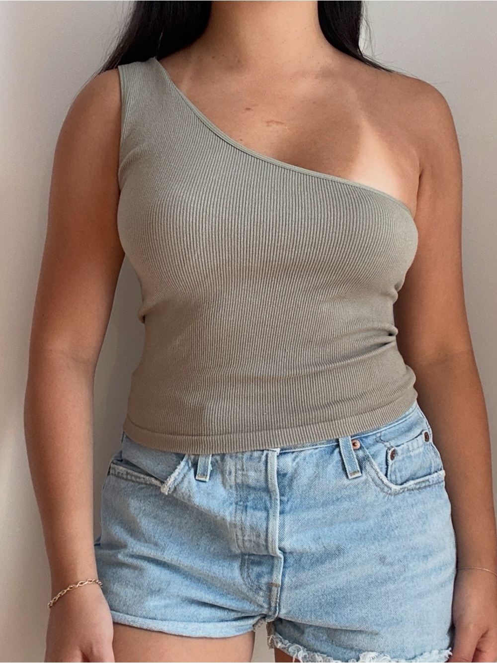 One-Shoulder taupe ribbed Tank Top
